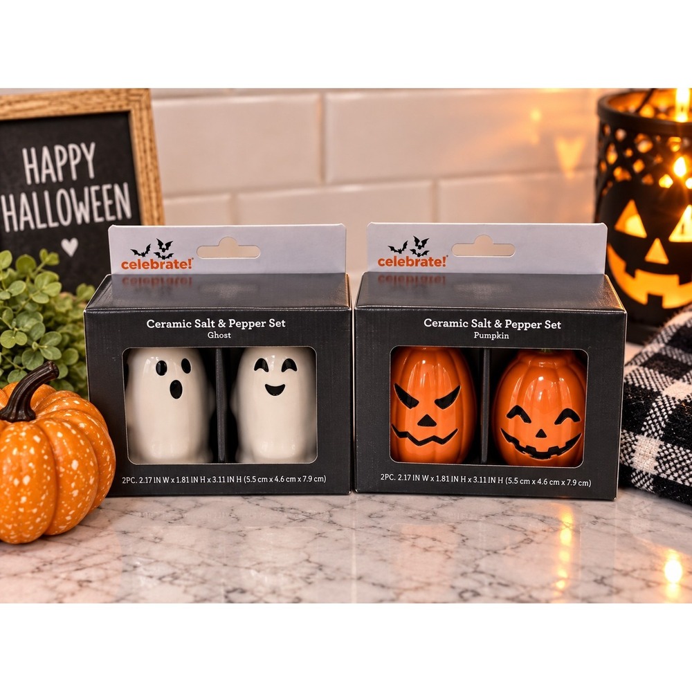 Celebrate It Halloween Ghost Pumpkin Salt Pepper Shakers Spooky Goth Kitchen NIB